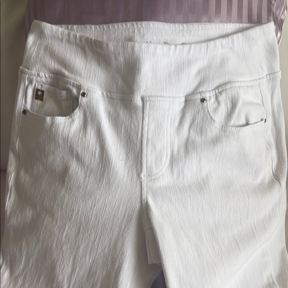 Belle by Kim Gravel White Denim Pants size 8 petite expandable waist - Picture 2 of 7